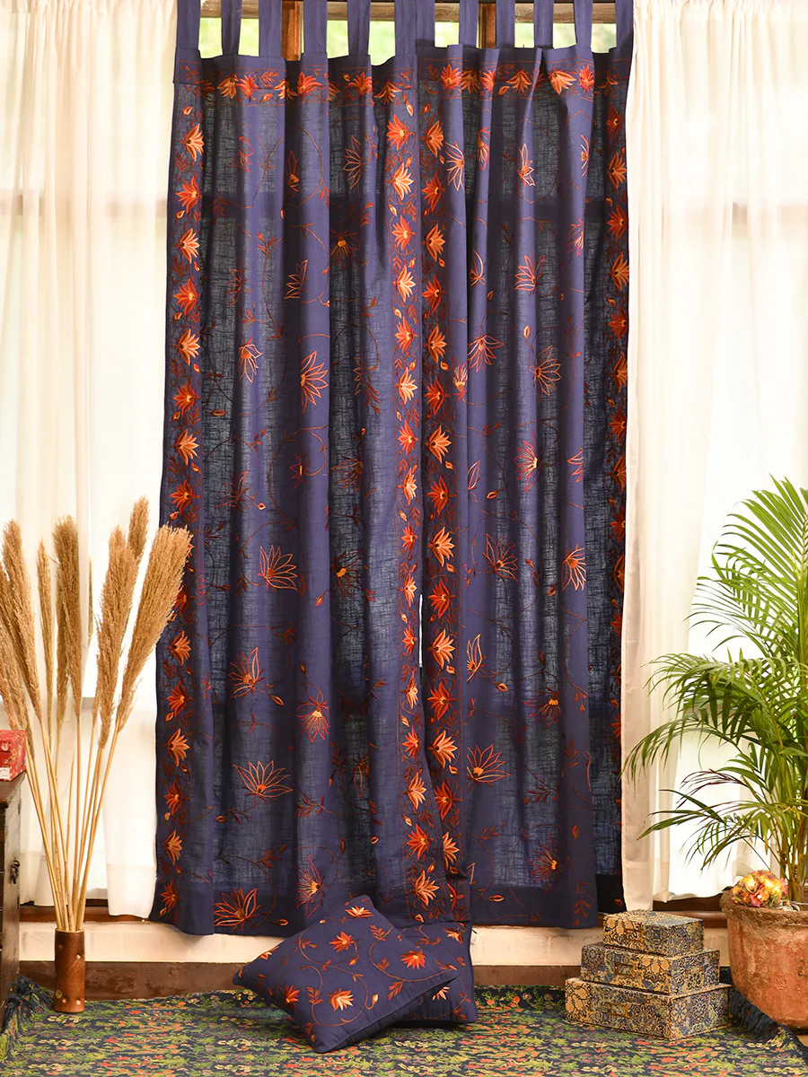 EmbroideRed Curtain : Floral Border Blue - Image 3