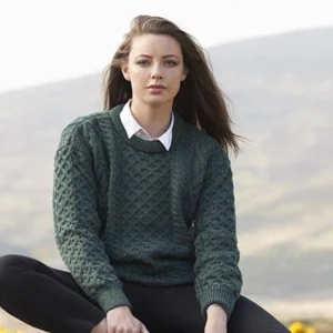Light Aran Crew Neck Sweater – Green